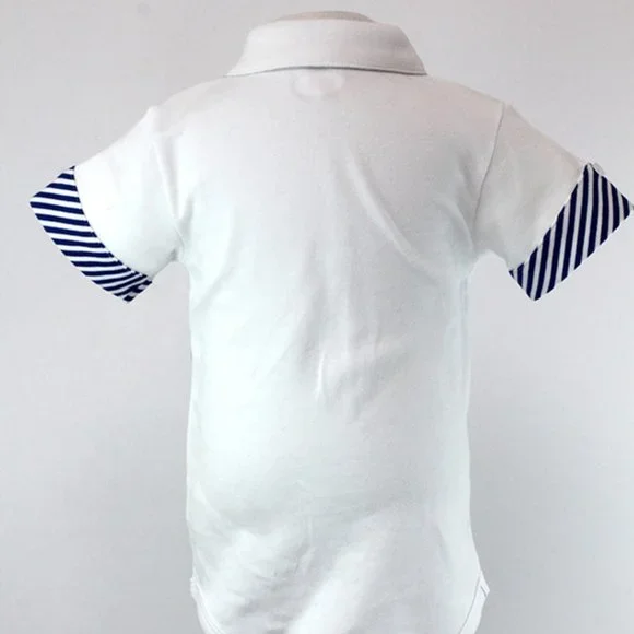 Frenchie Mini Couture Blue White Stripe on White Button Bodysuit - Picture 2 of 2